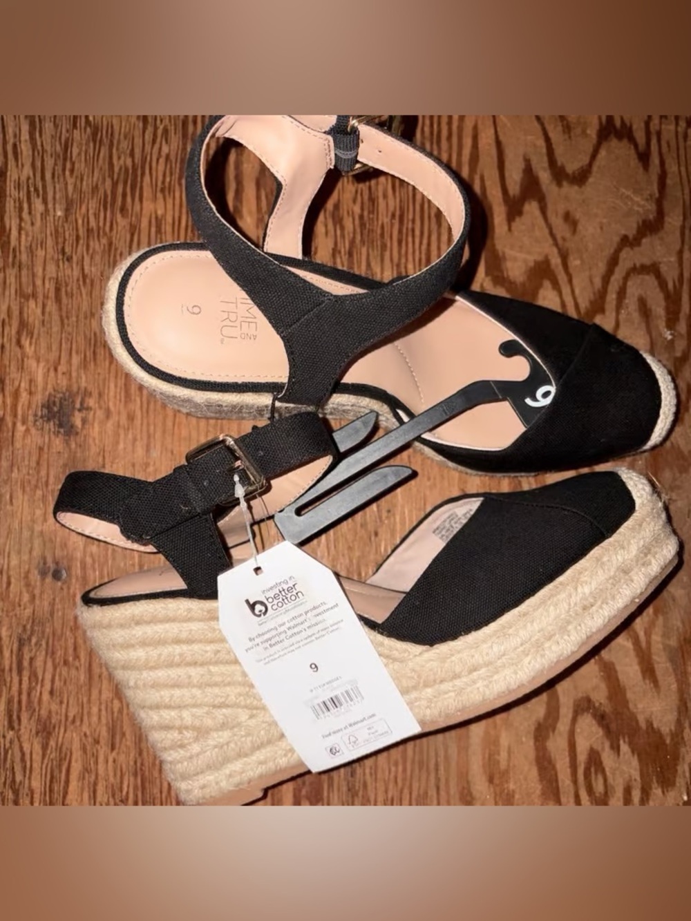 Time and Tru Black Espadrille Wedge Sandals with Ankle Strap